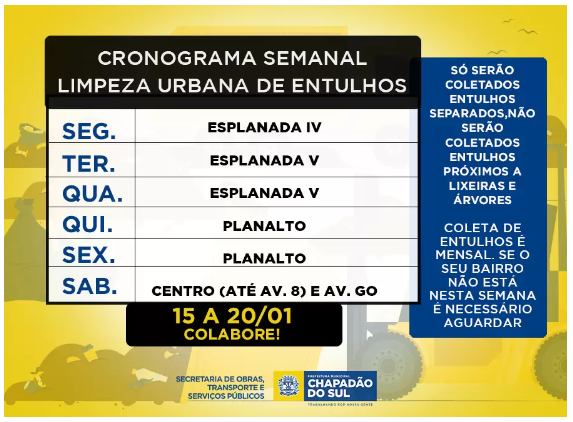 Imagem de compartilhamento para o artigo Confira o cronograma de limpeza urbana semanal de Chapadão do Sul da MS Todo dia